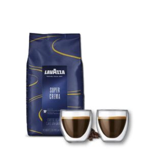 Lavazza Super Crema Espresso Coffee Beans(1kg / 2.2lb) + Bodum Pavina Small 2.5oz Double Walled Coffee & Espresso Glasses Bundle - Image 1